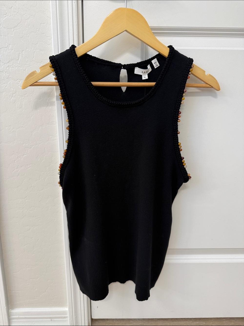 A.L.C. Black Sleeveless Knit Tank with Multicolor Bead Trim